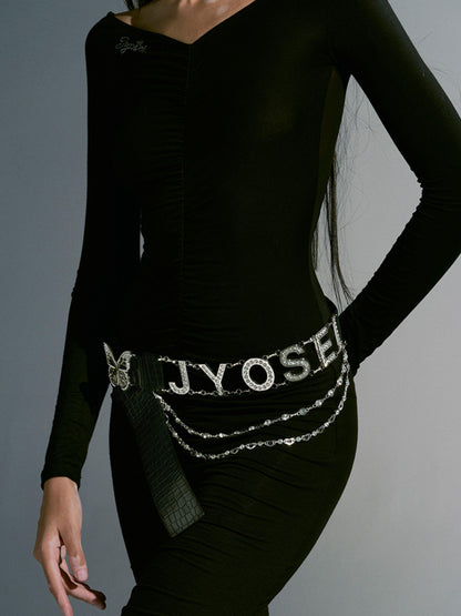 JYOSEI Croc Embossed Butterfly Crystal Buckle Pu Leather Belt