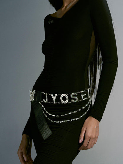 JYOSEI Croc Embossed Butterfly Crystal Buckle Pu Leather Belt