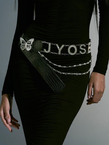 JYOSEI Croc Embossed Butterfly Crystal Buckle Pu Leather Belt
