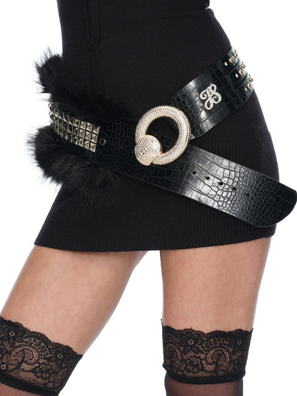 JYOSEI Crocodile Embossed Detachable Fur Heavy Duty Black Pu Leather O Ring Women&