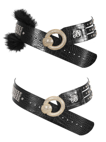 JYOSEI Crocodile Embossed Detachable Fur Heavy Duty Black Pu Leather O Ring Women&