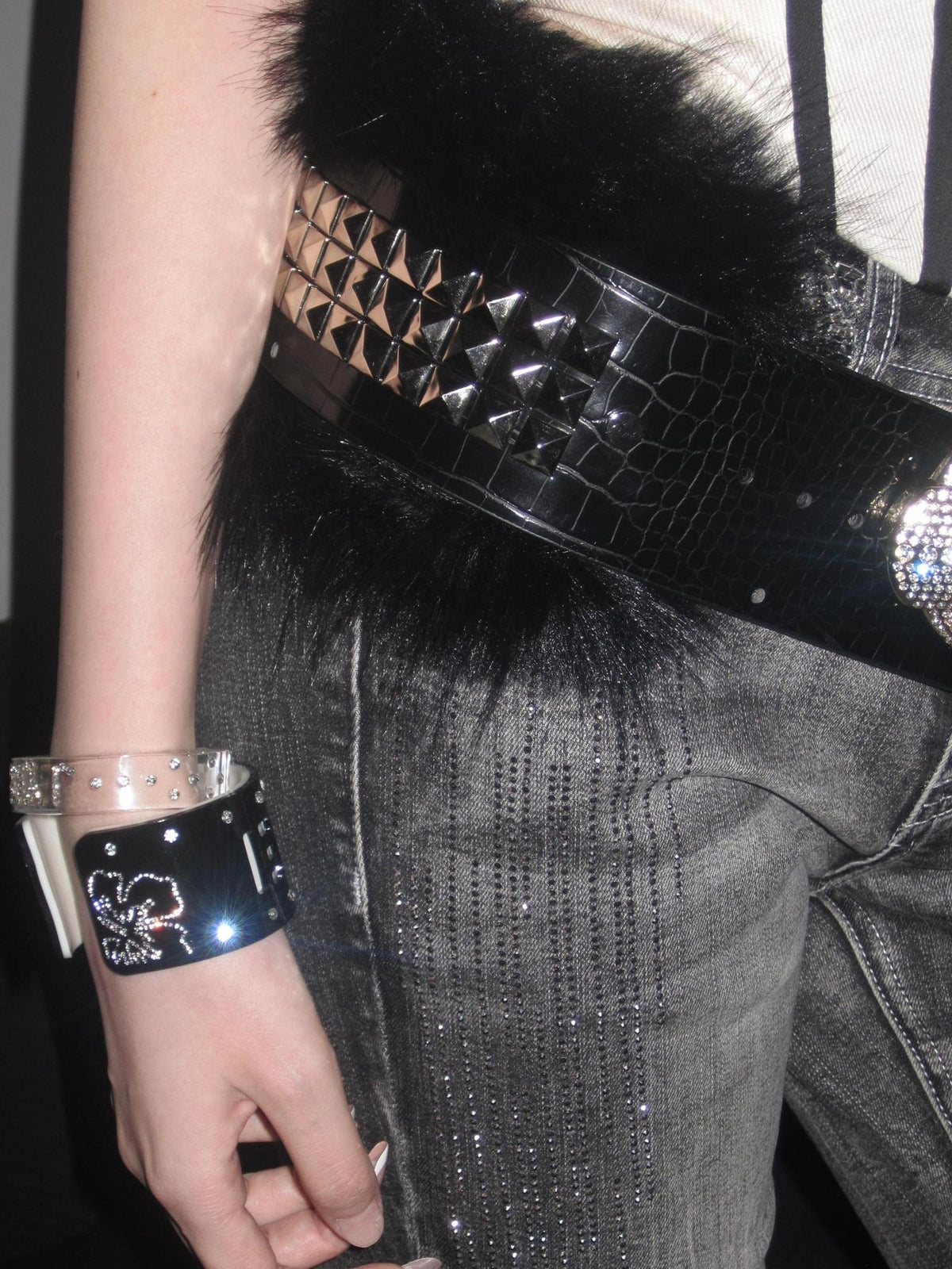 JYOSEI Crocodile Embossed Detachable Fur Heavy Duty Black Pu Leather O Ring Women&