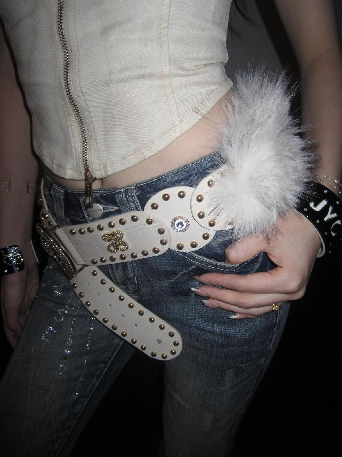 JYOSEI Crocodile Embossed Gold Studded Detachable Fluffy Pu Women&