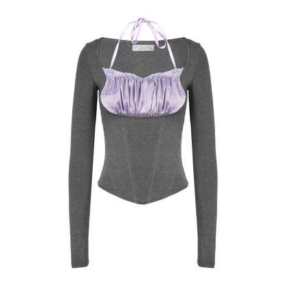 JYOSEI_Dark_Grey_Color_Block_Lace_Halter_Women&