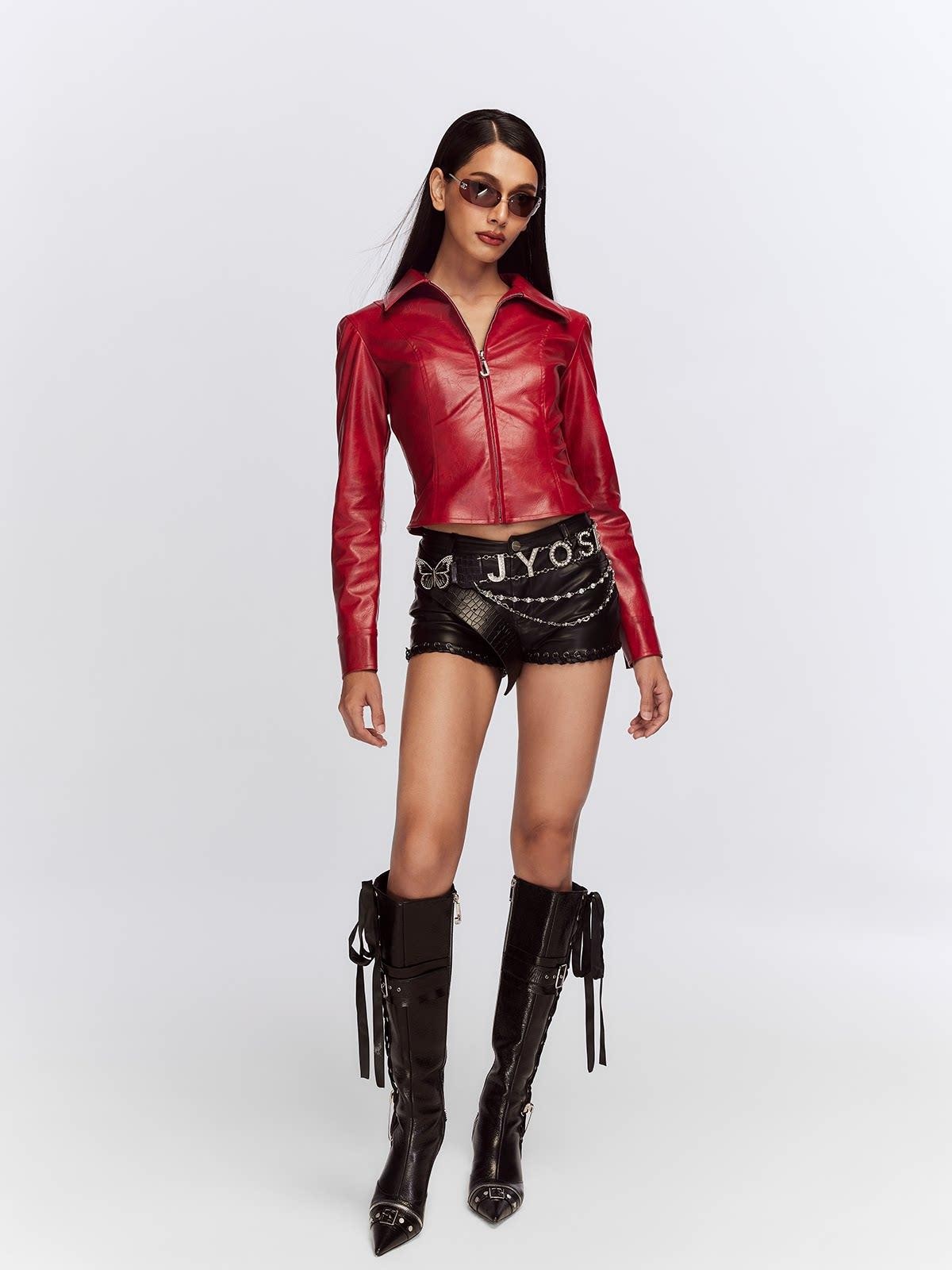 JYOSEI Deep Red 3d Embellished Lapel Zip Cropped Street Women&