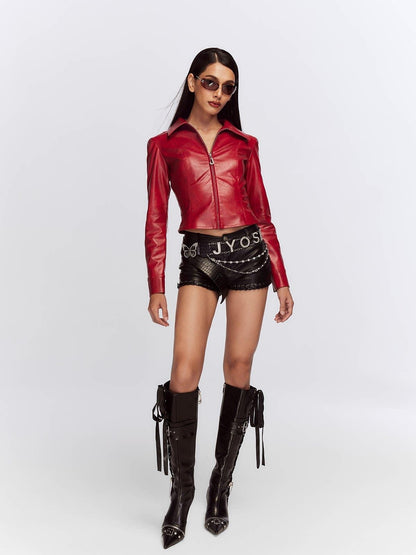 JYOSEI Deep Red 3d Embellished Lapel Zip Cropped Street Women&