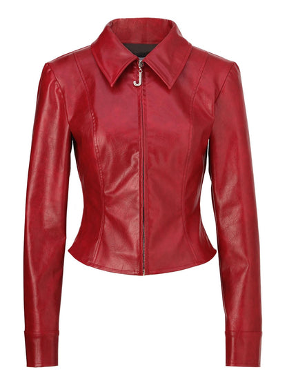 JYOSEI Deep Red 3d Embellished Lapel Zip Cropped Street Women&