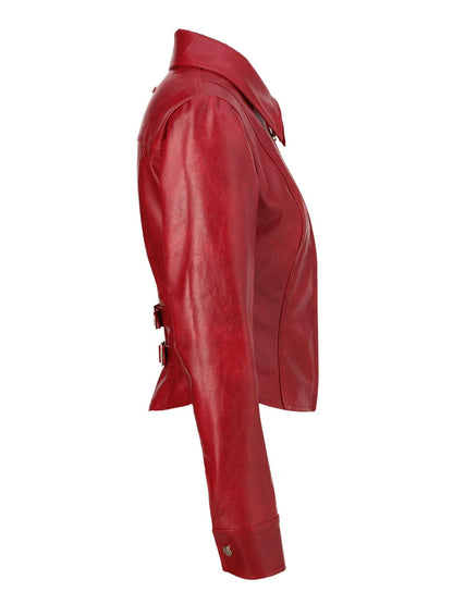 JYOSEI Deep Red 3d Embellished Lapel Zip Cropped Street Women&