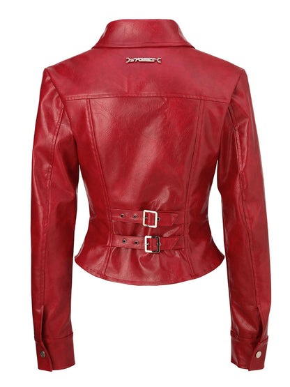 JYOSEI Deep Red 3d Embellished Lapel Zip Cropped Street Women&