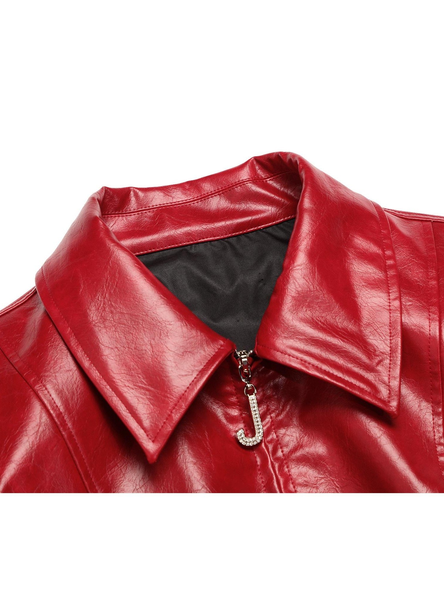 JYOSEI Deep Red 3d Embellished Lapel Zip Cropped Street Women&
