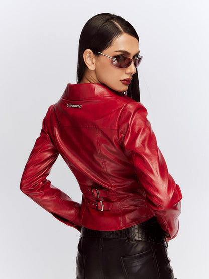 JYOSEI Deep Red 3d Embellished Lapel Zip Cropped Street Women&