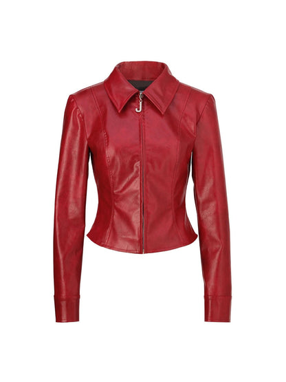 JYOSEI Deep Red 3d Embellished Lapel Zip Cropped Street Women&