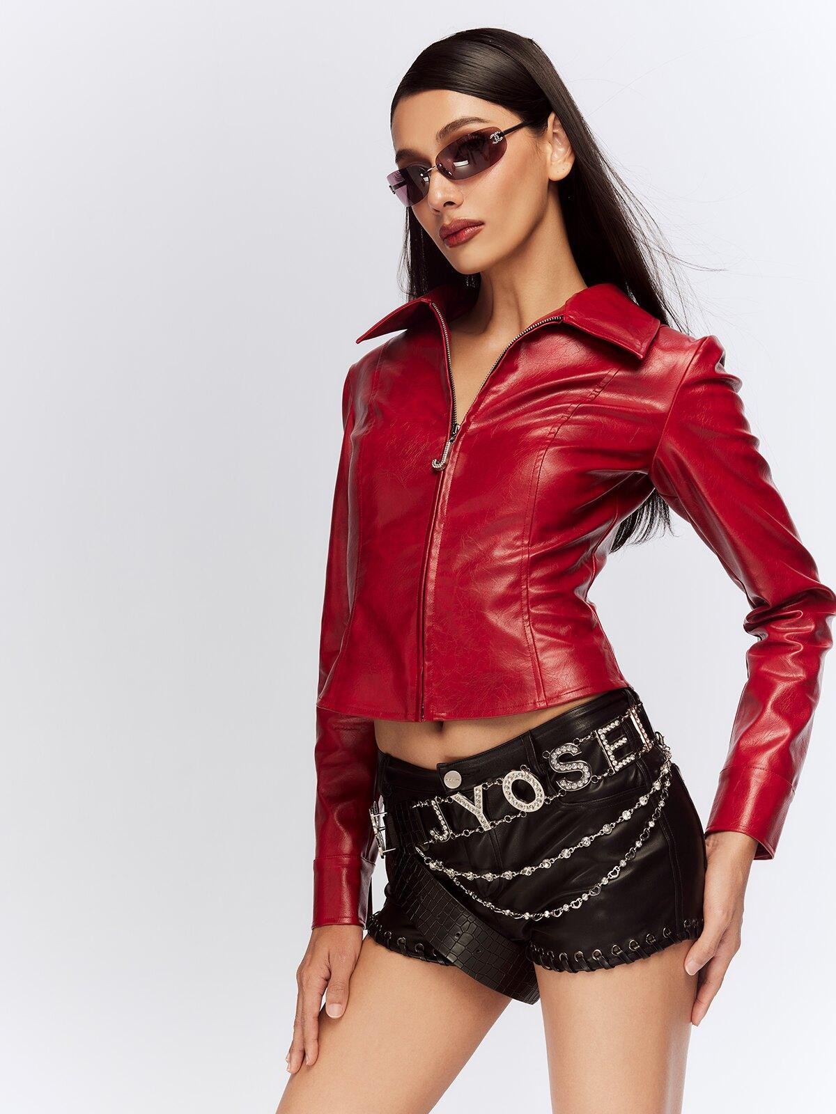 JYOSEI Deep Red 3d Embellished Lapel Zip Cropped Street Women&