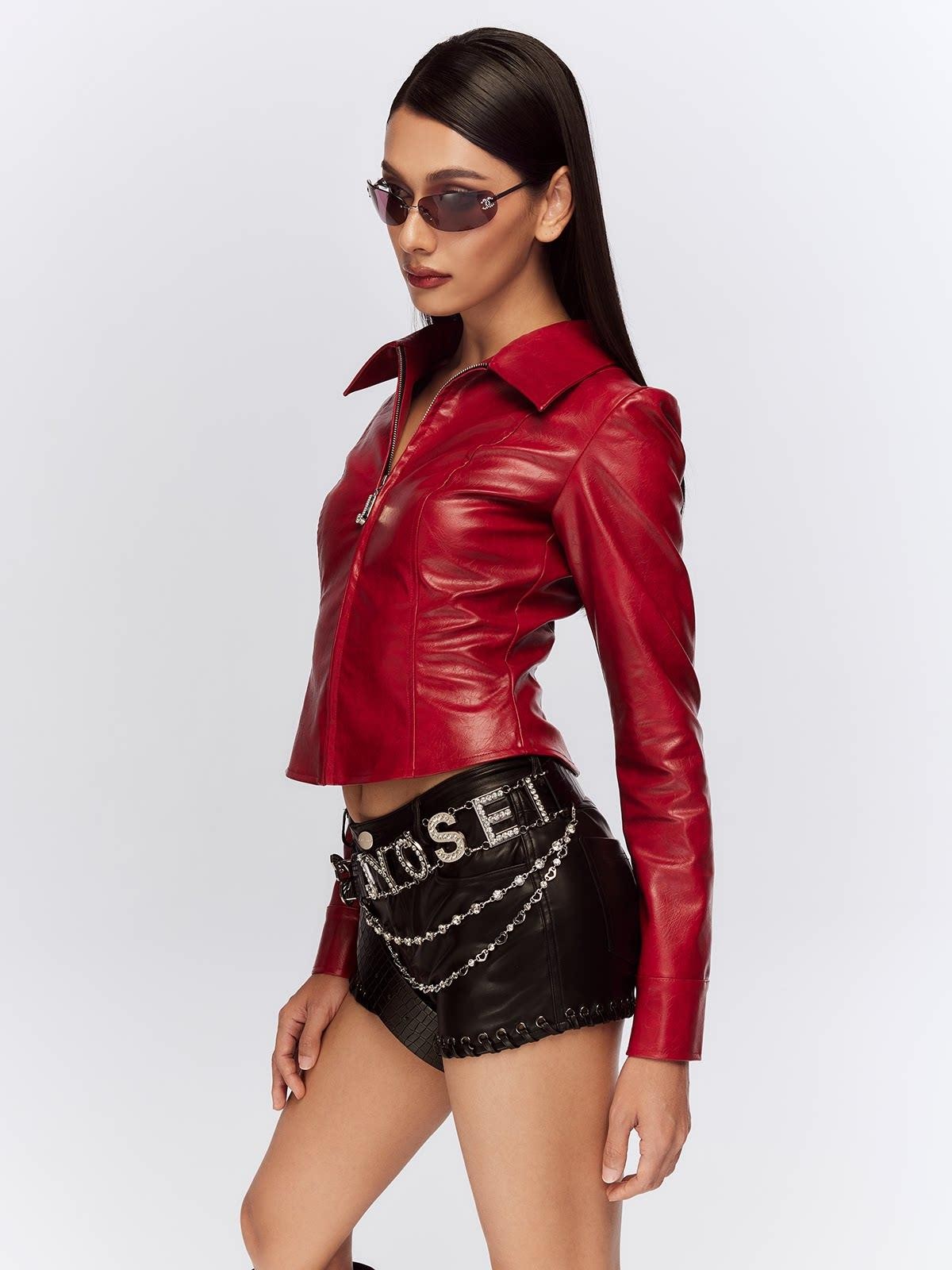 JYOSEI Deep Red 3d Embellished Lapel Zip Cropped Street Women&