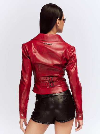 JYOSEI Deep Red 3d Embellished Lapel Zip Cropped Street Women&