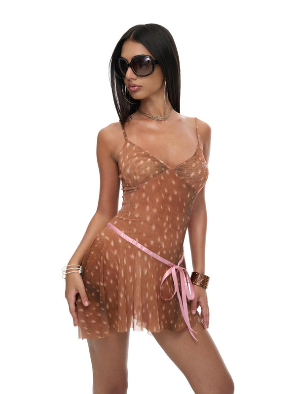 Deer Print Asymmetrical Hem Pink Ribbon Women's Mesh Bodycon Mini Dresses