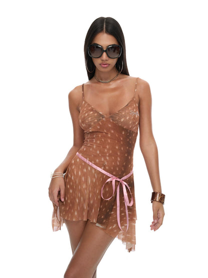 JYOSEI Deer Print Asymmetrical Hem Pink Ribbon Women&