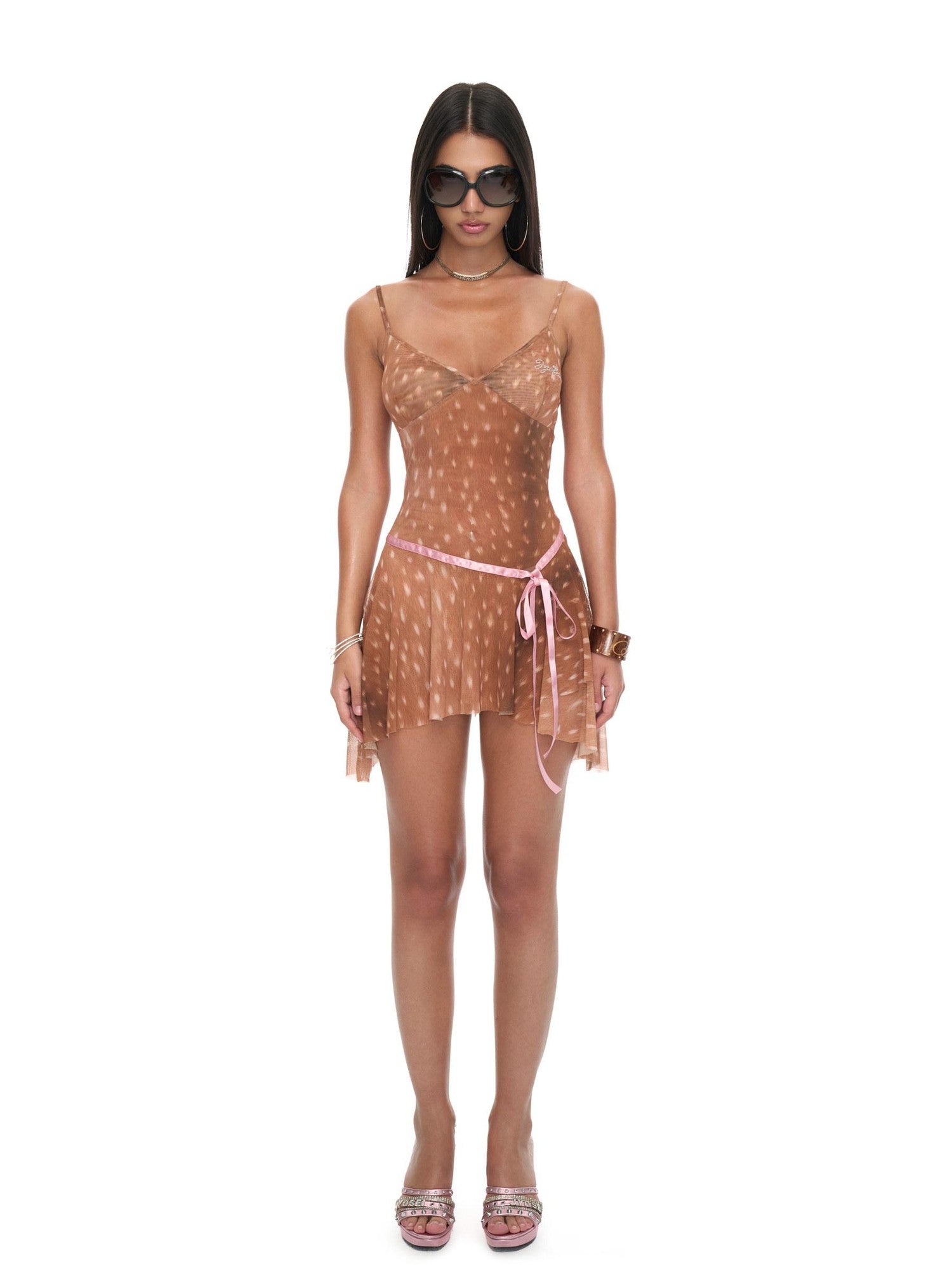JYOSEI Deer Print Asymmetrical Hem Pink Ribbon Women&