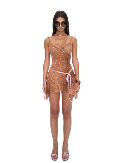 JYOSEI Deer Print Asymmetrical Hem Pink Ribbon Women&