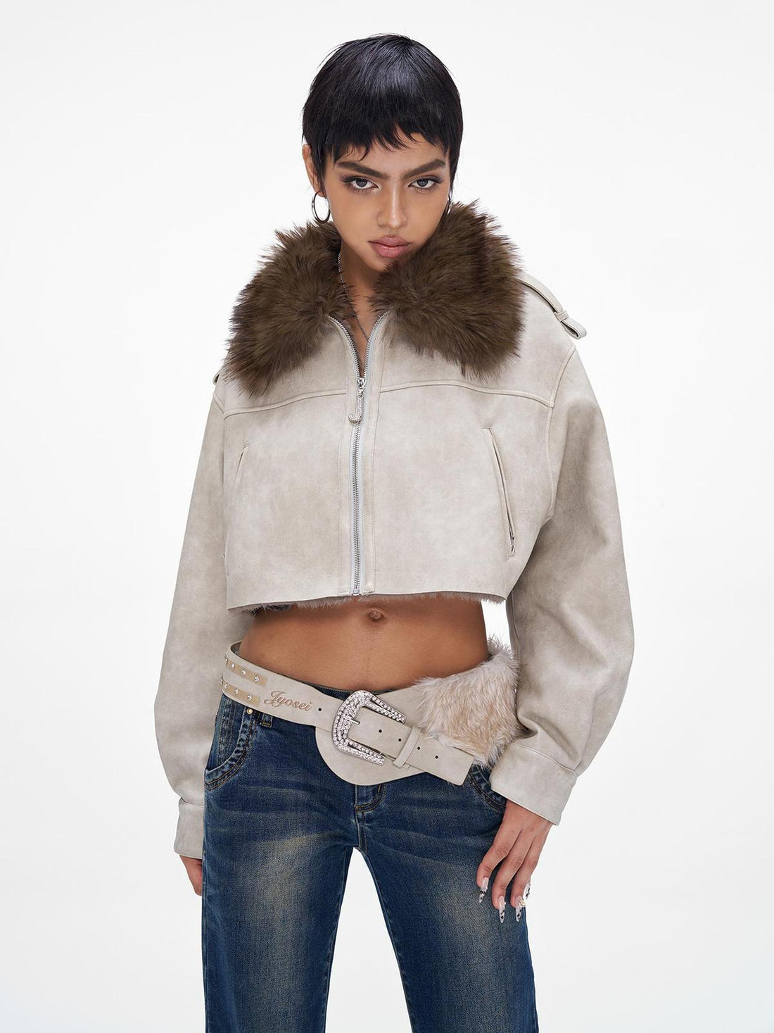 JYOSEI Distressed Boxy Cropped Leather Jacket With Fur Collar
