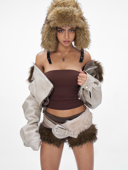 JYOSEI Distressed Boxy Cropped Leather Jacket With Fur Collar