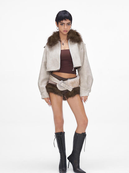 JYOSEI Distressed Boxy Cropped Leather Jacket With Fur Collar