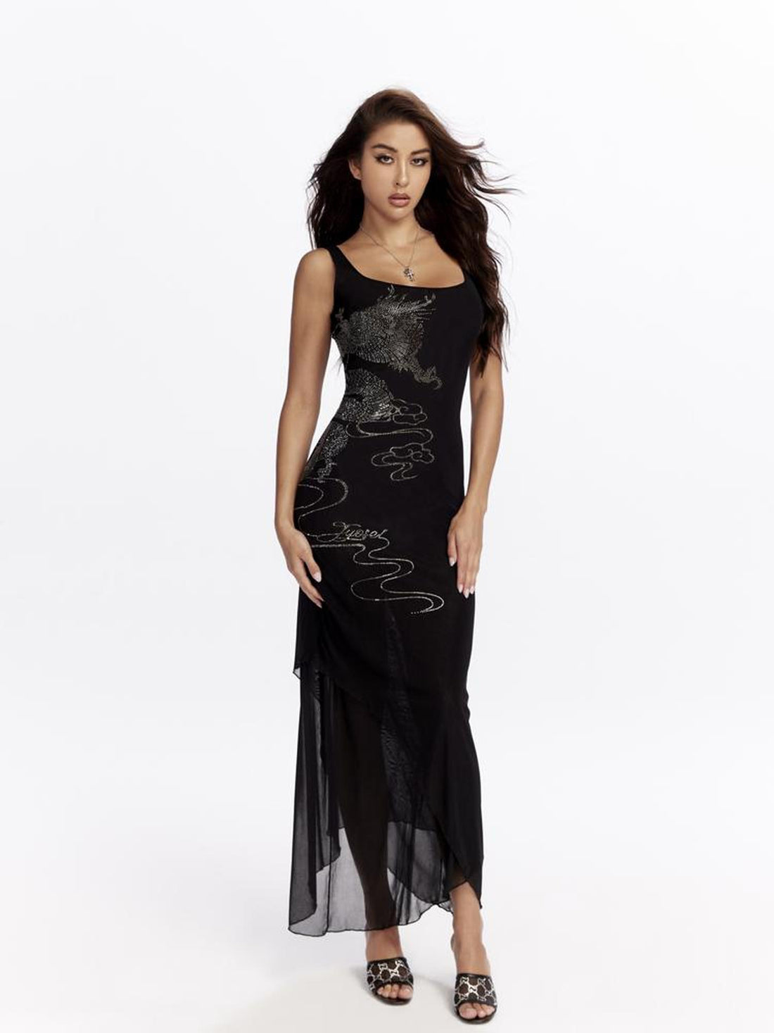 JYOSEI Dragon Embroidered Black Mesh Maxi Dress with Crystal