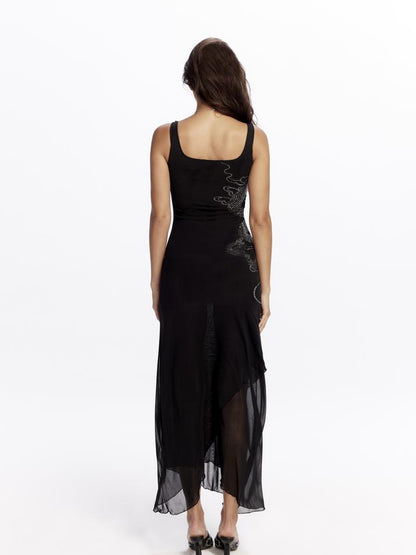 JYOSEI Dragon Embroidered Black Mesh Maxi Dress with Crystal