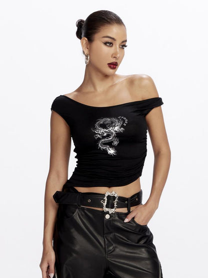 JYOSEI Dragon Print Asymmetrical Hem T Shirt