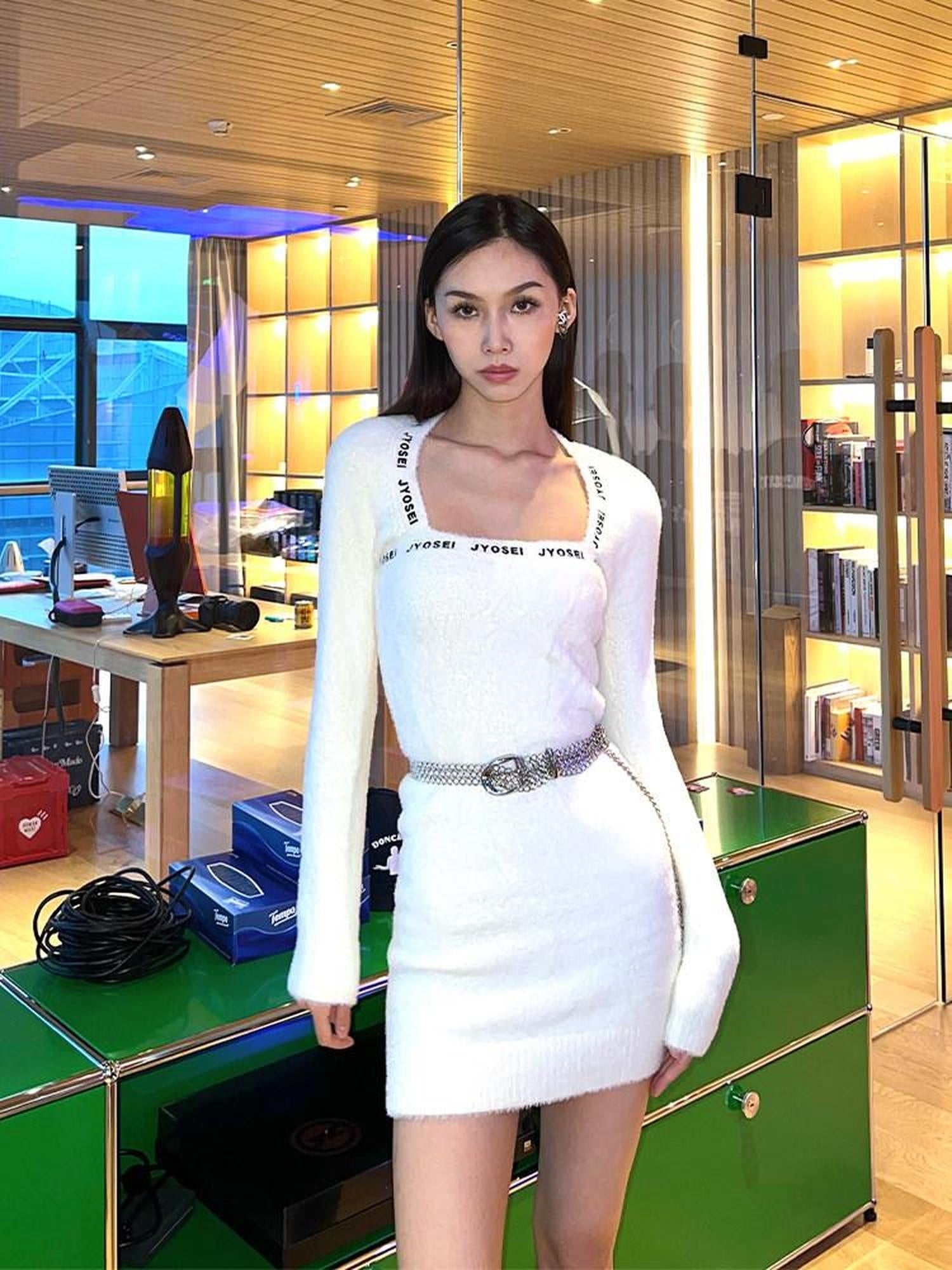 JYOSEI Embroidered High Waist Street A Line Square Neck Knit Casual Midi Dresses