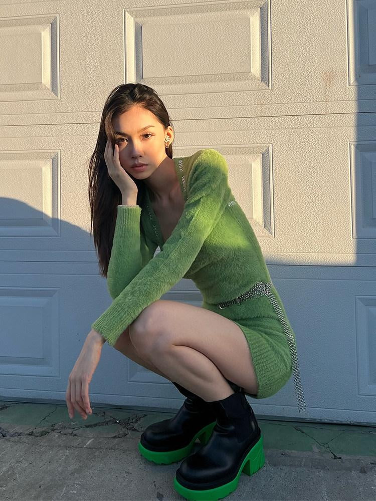 JYOSEI Embroidered High Waist Street A Line Square Neck Knit Casual Midi Dresses