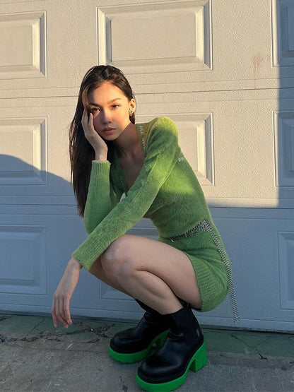 JYOSEI Embroidered High Waist Street A Line Square Neck Knit Casual Midi Dresses