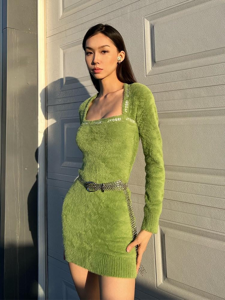 JYOSEI Embroidered High Waist Street A Line Square Neck Knit Casual Midi Dresses