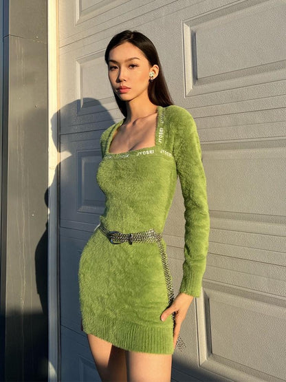 JYOSEI Embroidered High Waist Street A Line Square Neck Knit Casual Midi Dresses