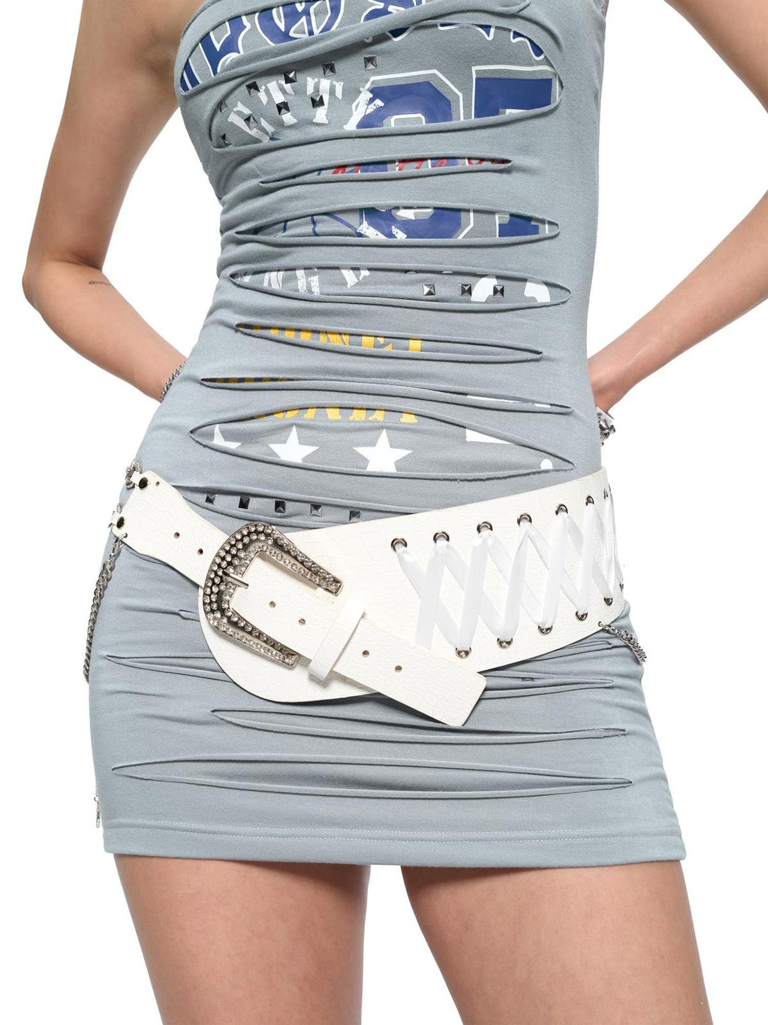 JYOSEI Embroidered Ribbon Chain Logo Rhinestone Irregular White Pu Belt