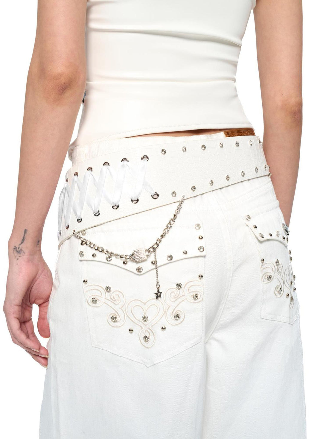 JYOSEI Embroidered Ribbon Chain Logo Rhinestone Irregular White Pu Belt