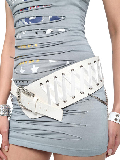 JYOSEI Embroidered Ribbon Chain Logo Rhinestone Irregular White Pu Belt