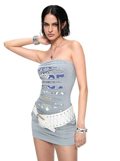 JYOSEI Embroidered Ribbon Chain Logo Rhinestone Irregular White Pu Belt
