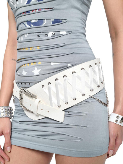 JYOSEI Embroidered Ribbon Chain Logo Rhinestone Irregular White Pu Belt