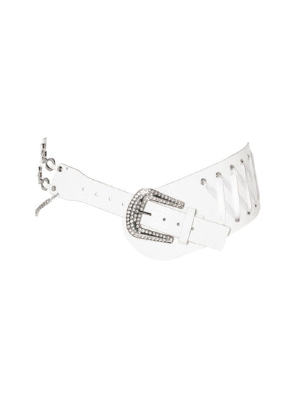 JYOSEI Embroidered Ribbon Chain Logo Rhinestone Irregular White Pu Belt