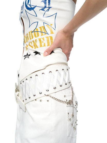 JYOSEI Embroidered Ribbon Chain Logo Rhinestone Irregular White Pu Belt