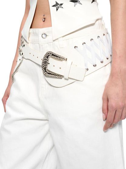 JYOSEI Embroidered Ribbon Chain Logo Rhinestone Irregular White Pu Belt