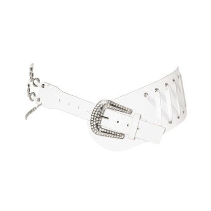 JYOSEI_Embroidered_Ribbon_Chain_Logo_Rhinestone_Irregular_White_Pu_Belt_MISSTT