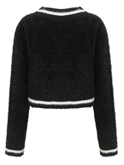 JYOSEI Embroidered V-Neck Dragon Sweater Women Spring Top Black White