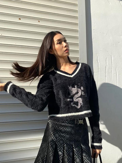 JYOSEI Embroidered V-Neck Dragon Sweater Women Spring Top Black White