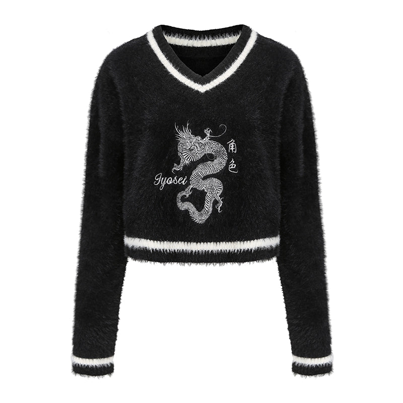 JYOSEI_Embroidered_V-Neck_Dragon_Sweater_Women_Spring_Top_Black_White_MISSTT