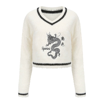 JYOSEI_Embroidered_V-Neck_Dragon_Sweater_Women_Spring_Top_Black_White_MISSTT