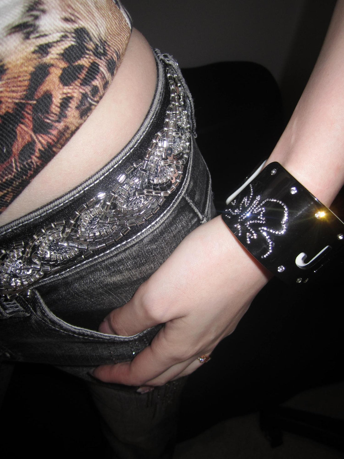 JYOSEI Engraved Acrylic Rhinestone Wide Cuff Open Women&