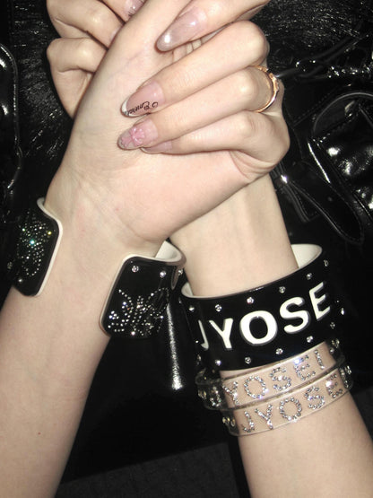 JYOSEI Engraved Acrylic Rhinestone Wide Cuff Open Women&