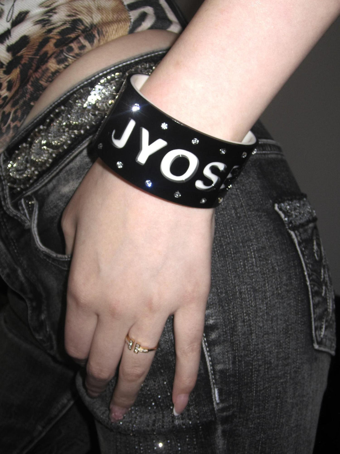 JYOSEI Engraved Acrylic Rhinestone Wide Cuff Open Women&